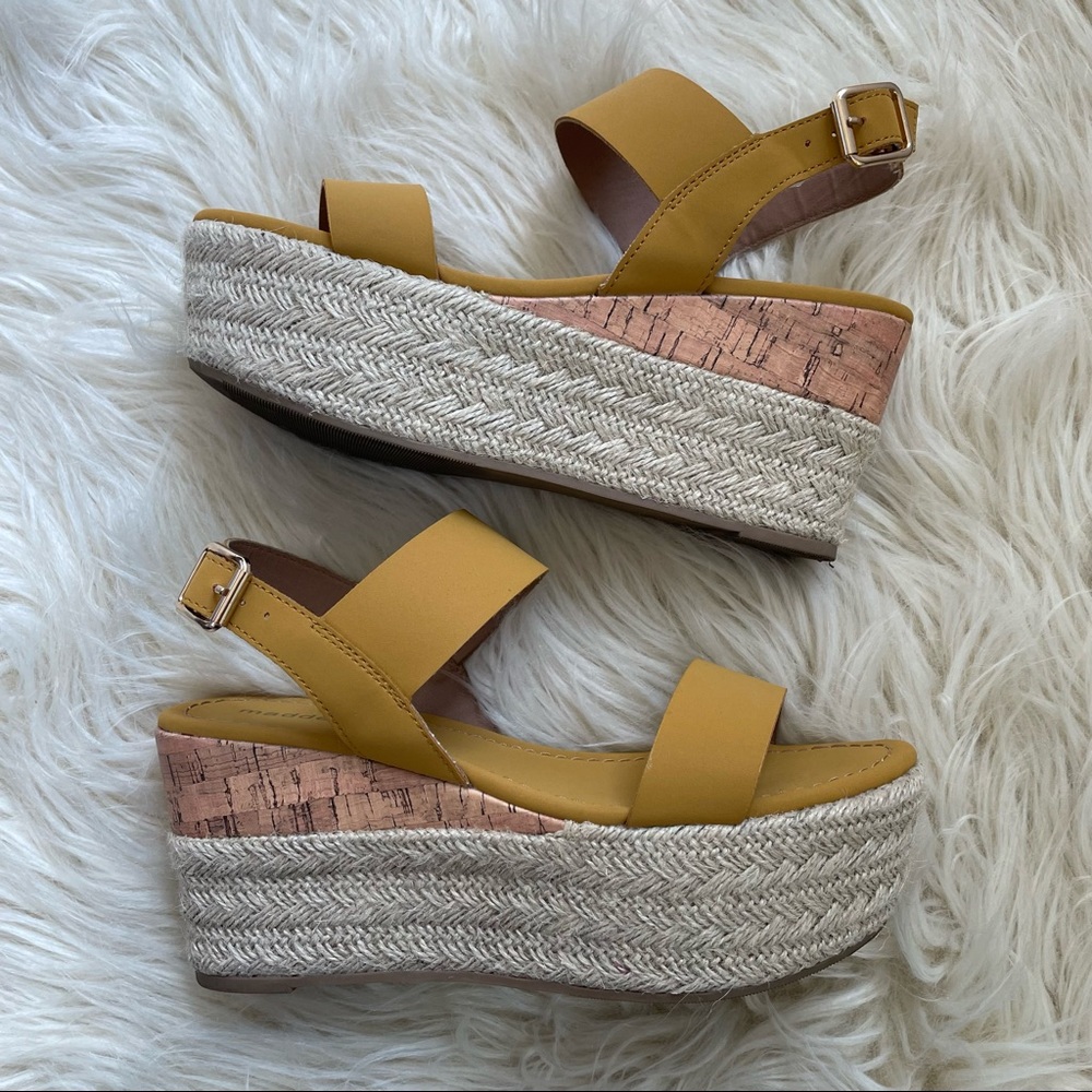 Madden Girl G-Choice mustard platform espadrille cork wedge sandals, size 7